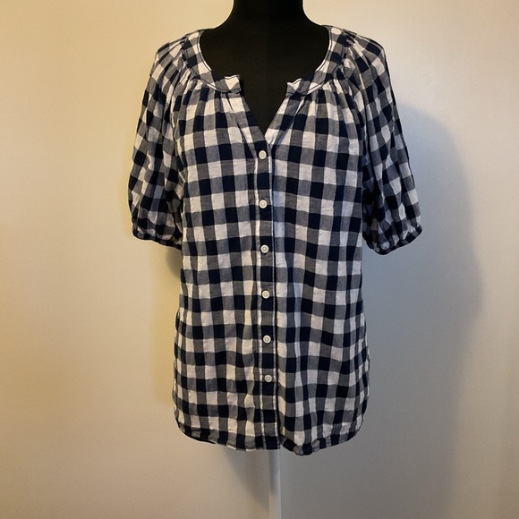 ❤️‍🔥 Beach Lunch Lounge Top Blue/White Checkered Short Sleeve Top Size Medium - Picture 1 of 9